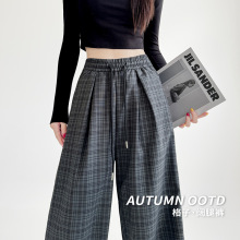 复古格子阔腿裤女春秋新款高腰显瘦直筒休闲裤宽松慵懒山本遛弯裤