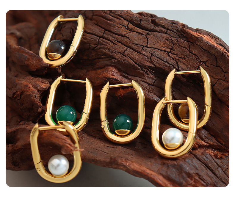 Fashion Geometric Titanium Steel Plating Artificial Pearls Natural Stone Earrings 1 Pair