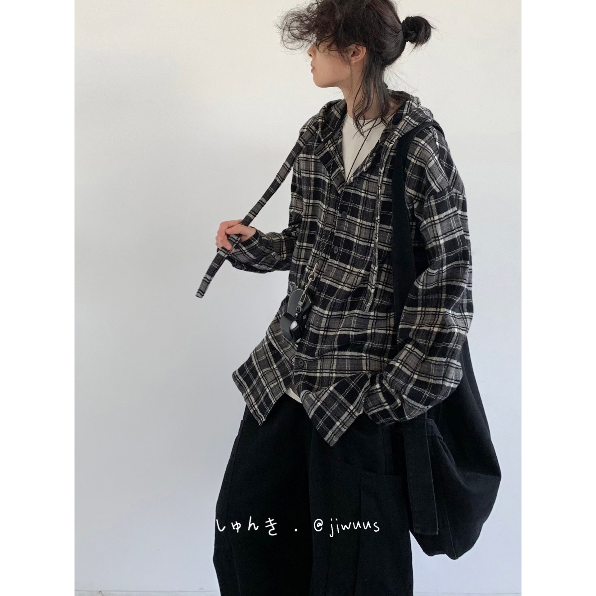 2025春秋新款长袖复古格子衬衫男女宽松学院风休闲连帽衬衣外套潮