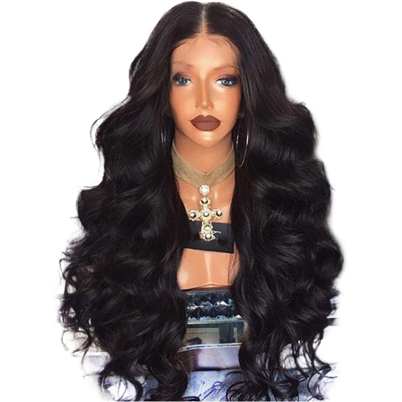Peluca rizada larga negra, estilo europeo y americano, fibra sintética