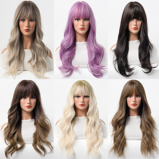 Foreign trade wig women's long hair European and American neat bangs long curly hair big wave round face Hairstyle fashion new full head cover
