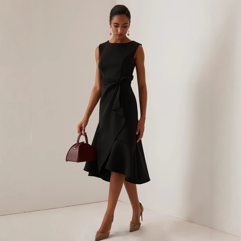 Cross-Border Fashionable and Elegant Boat Neck Dress with Ruffled Hem, Solid Color Mid-Length Dress, Spring and Summer Dress