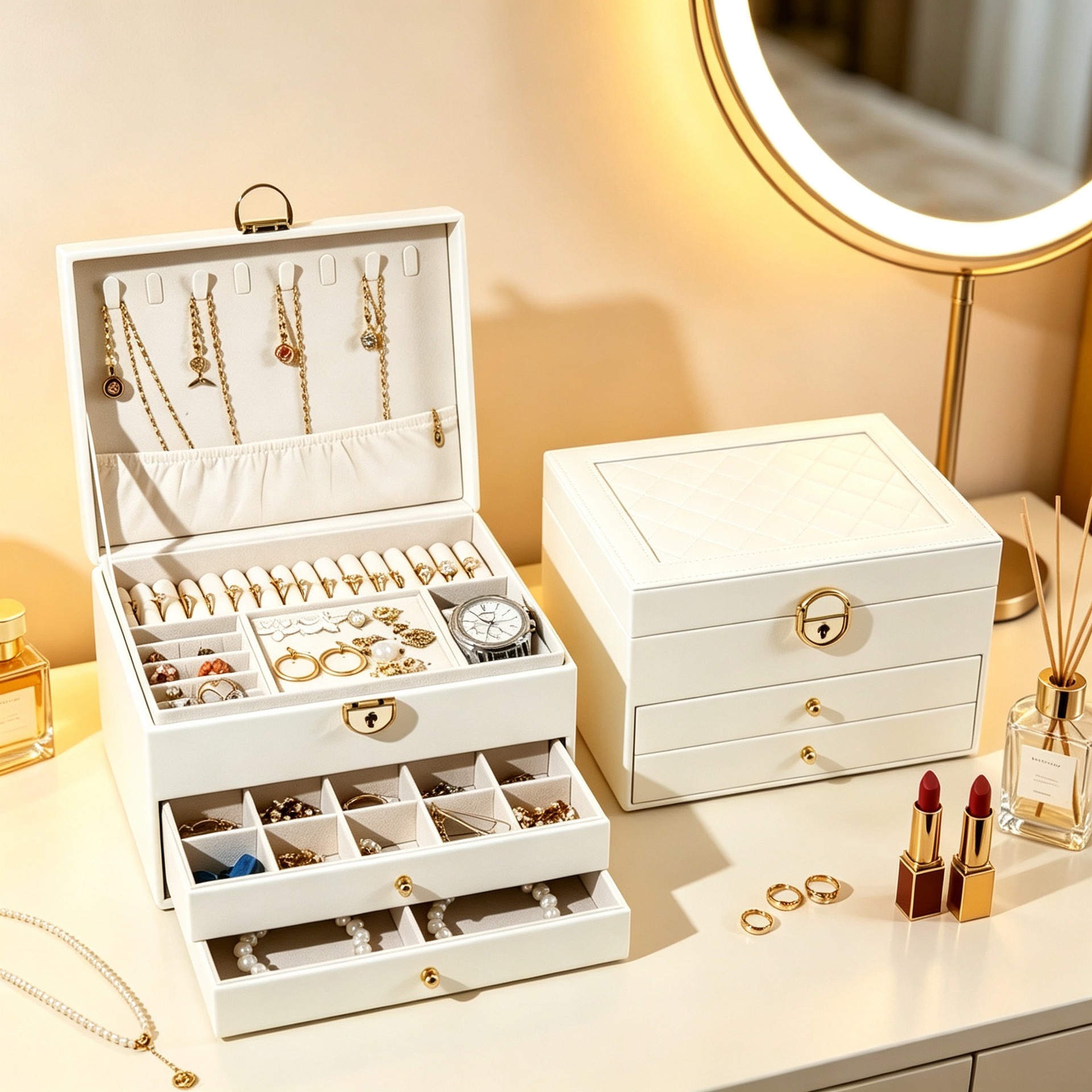 Caja de joyería de diamante de gran capacidad multifuncional, collar, anillo, caja de almacenamiento de joyas, caja de joyería anti-oxidación de tres capas