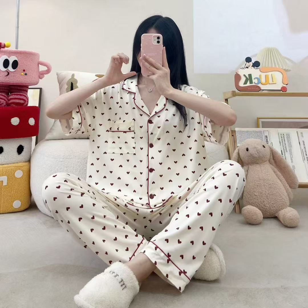 Transfronterizos al por mayor algodón solapa casa pijamas de niñas pantalones largos de manga corta lindos y sueltos se pueden usar con dos piezas image 10