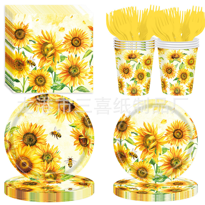 Sunflower Spring Flowers Autumn Bee Party Party Set Tableware Festival Children's Disposable Paper Plate Set Sunflower Spring Flowers Autumn Bee Party Party Set Tableware Festival Children's Disposable Paper Plate Set