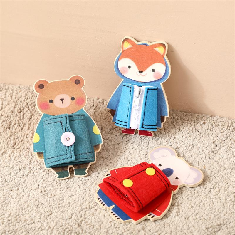 Cerebro manual puzzle animal pieza de madera vestir ropa ocupada placa botón cremallera cognitiva aprendizaje cognitivo animal juguete