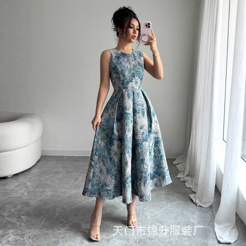 Cross-Border Foreign Trade Women's Oil Painting Jacquard Round Neck Sleeveless Waist Slimming Long Dress with Large Hem