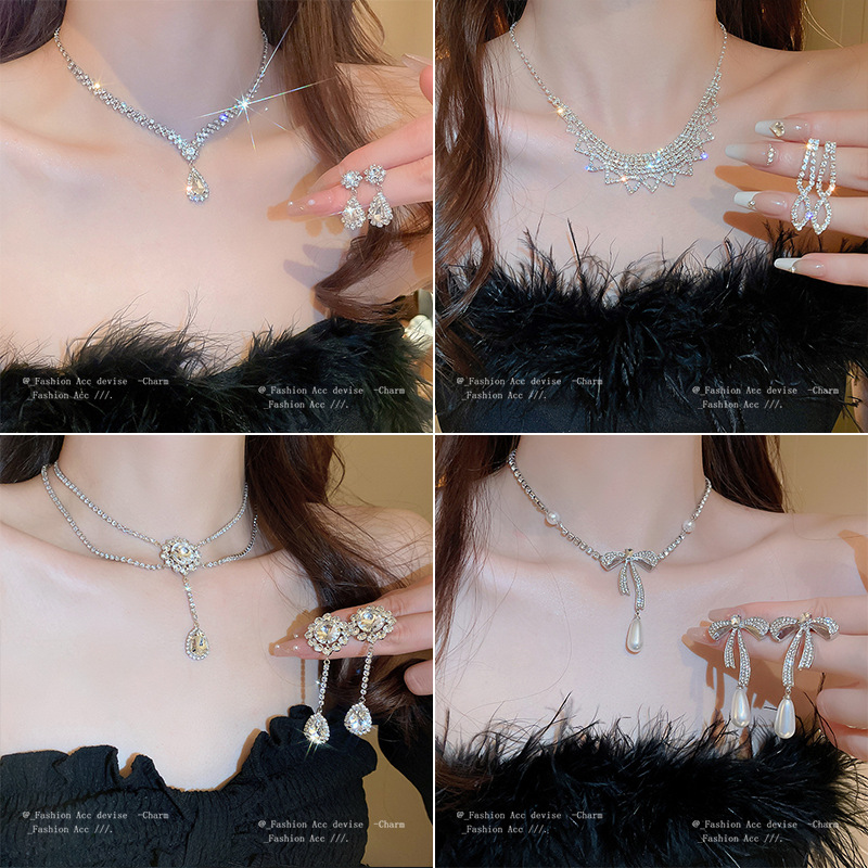 Diamante borla cena pendientes collar traje ligero de lujo de alto grado temperamento clavícula cadena nicho todo partido joyería al por mayor