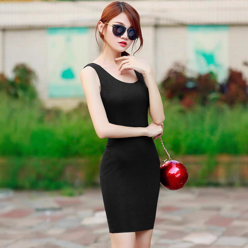 Cotton Spring and Summer Bottoming Shirt Sling Vest Skirt Women's I-shaped dress Mid-length Bag Hip Slim-fit Vest Tight Inner Wear