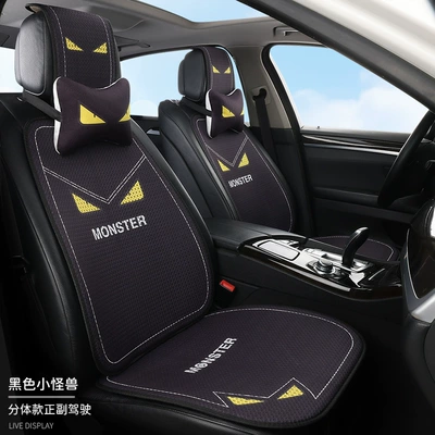 Cartoon Car Seat Cushion, Summer: Seat cushion, seat cover - black-little-monsterdriver-passenger-seats-2-seats-2-backrests-2-neck-pillows-honeycomb-design