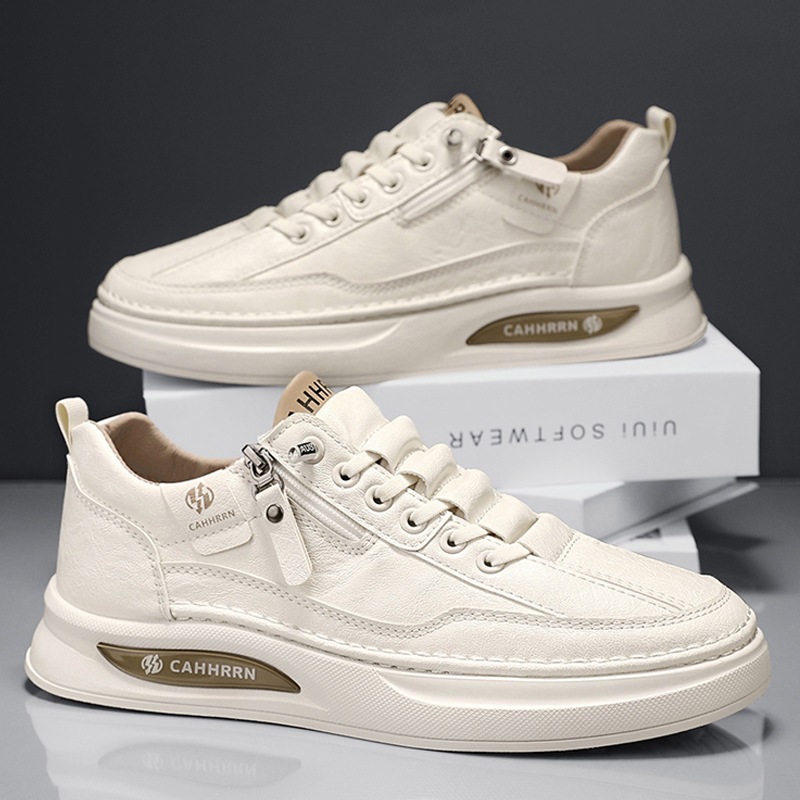 Zapatos de skate para hombres zapatos blancos bajos estudiantes 2025 nuevos zapatos de cuero casuales de primavera para hombres zapatos de moda con cremallera para adolescentes