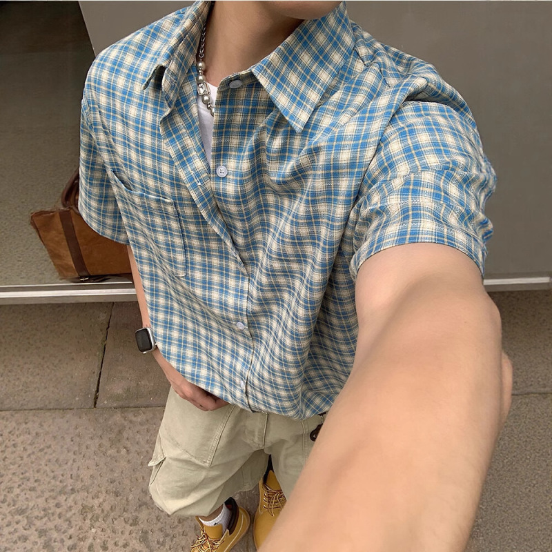 American Retro Short-Sleeved Plaid Shirt Men's Summer Clean and Sunny Boys Wear Loose Half-Sleeved Shirt Tops