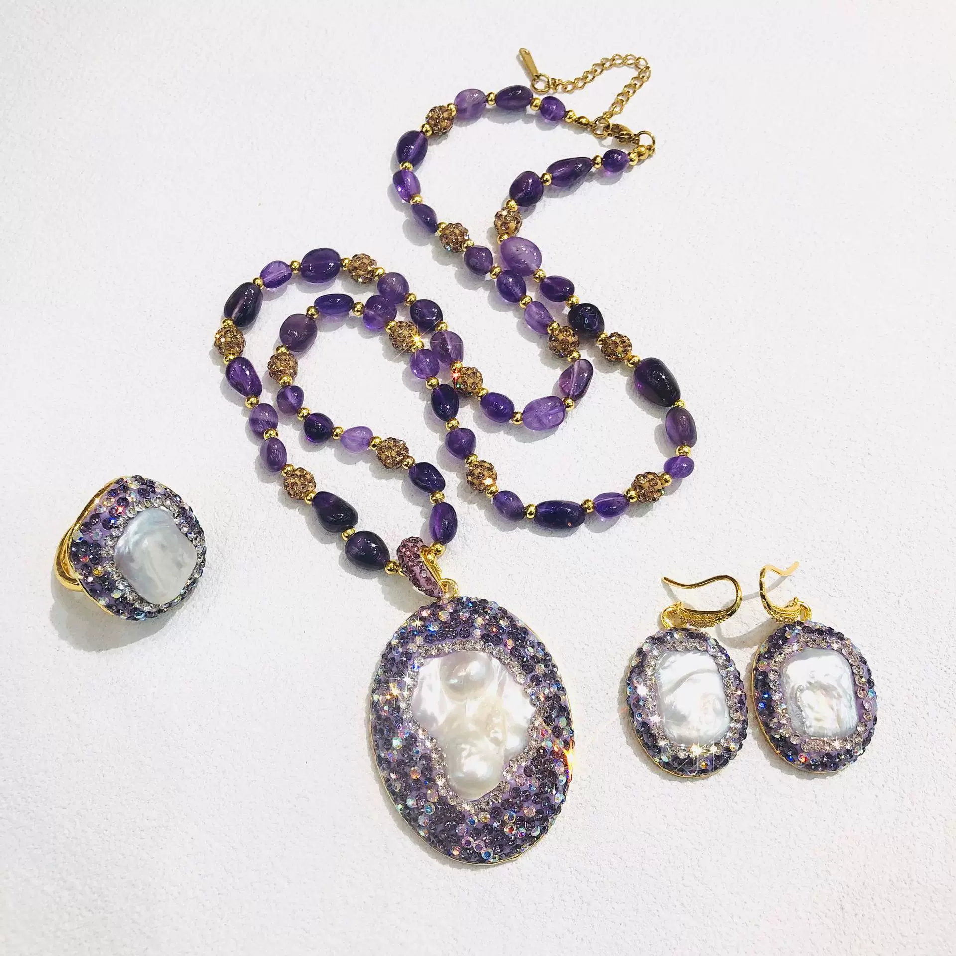 天然巴洛克异形珍珠镶嵌混色彩钻套装新款时尚紫色系项链厂家批发