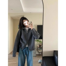 设计感加厚双拉链针织开衫女秋冬季软糯坑条毛衣洋气高领上衣外套