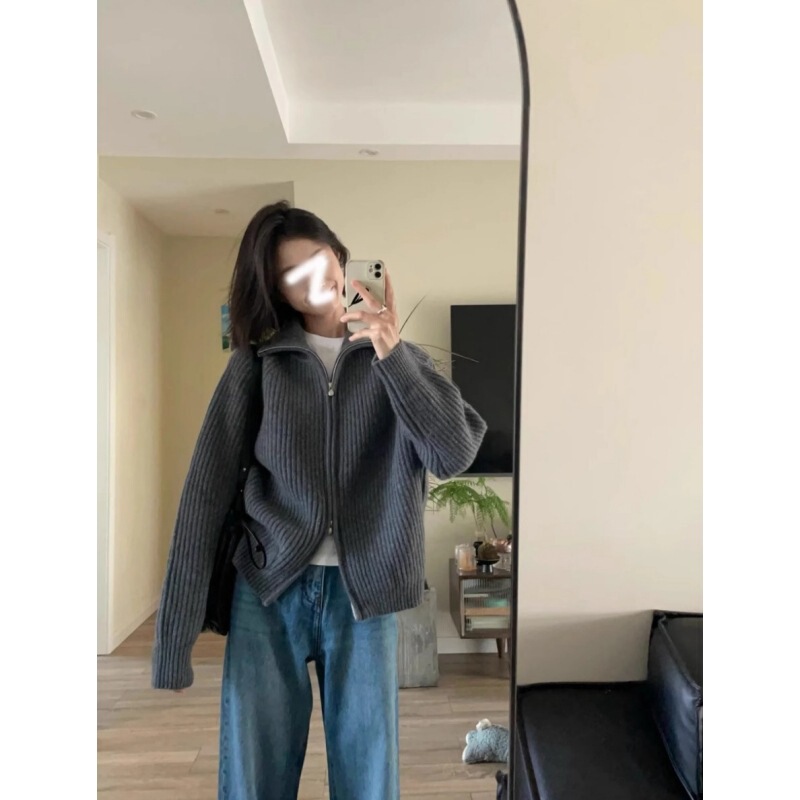 One-Piece Drop-Shipping Double-Zipper Knitted Cardigan for Women, Autumn and Winter Soft Ribbed Sweater, Stylish High-Neck Top Jacket