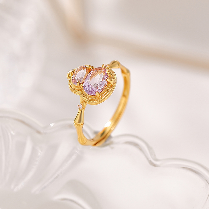 Nhẫn bạc S925 mạ vàng hình quả hồ lô đính đá hoàng thủy tinh phong cách tân trung hoa — Màu hoàng thủy tinh