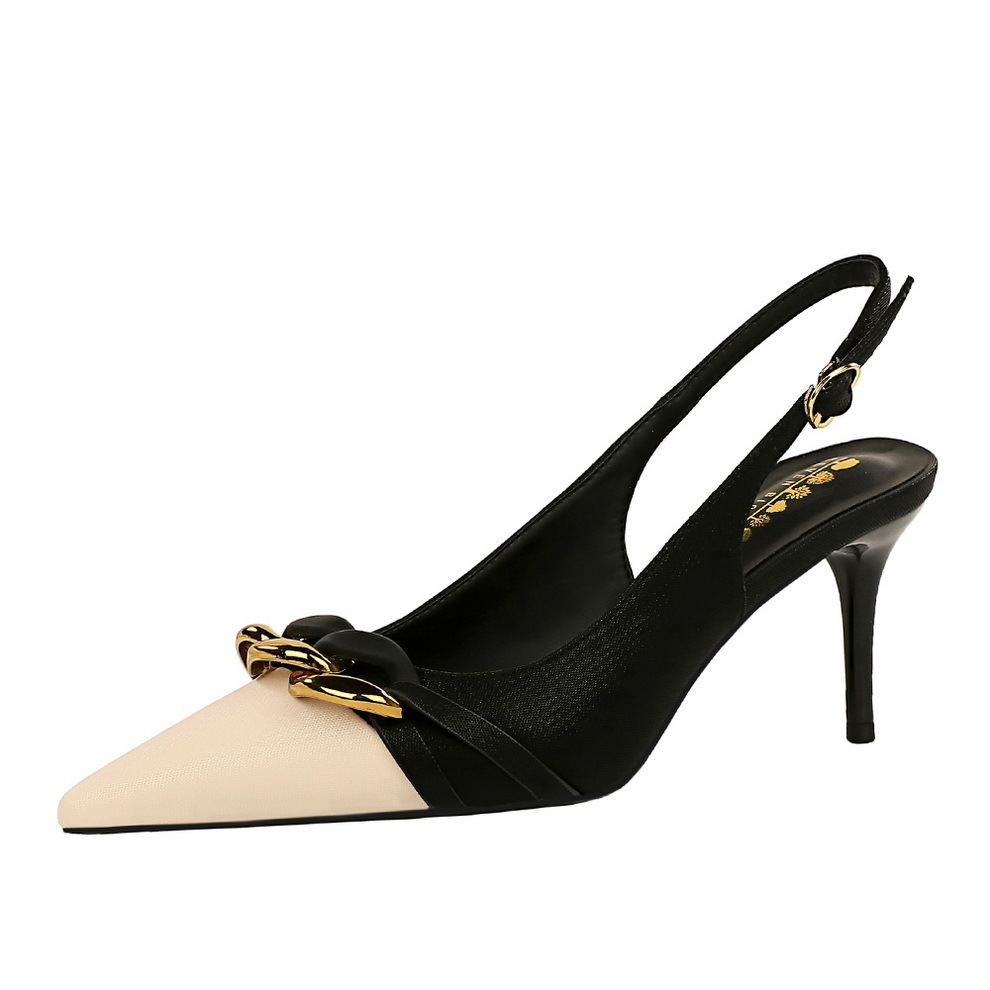 373-A2 European And American Style Women's Shoes, Stiletto High Heels, Shallow Mouth, Color Block, Pointed Toe, Metal_vogvips.com