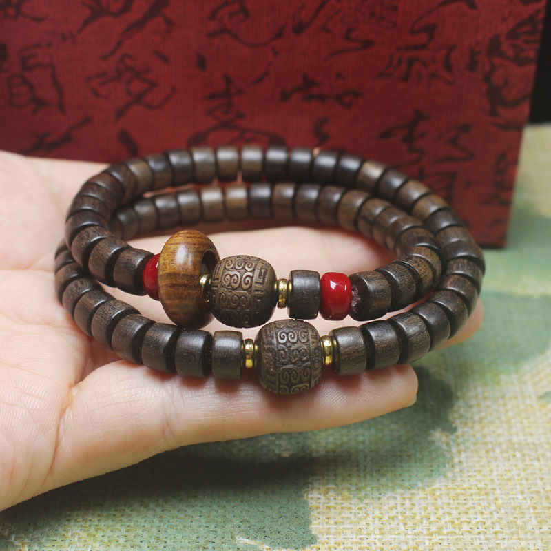Agarwood Bead Bracelet with Double Circle, Ethnic Style Buddhist Prayer Beads Jewelry for Men and Women