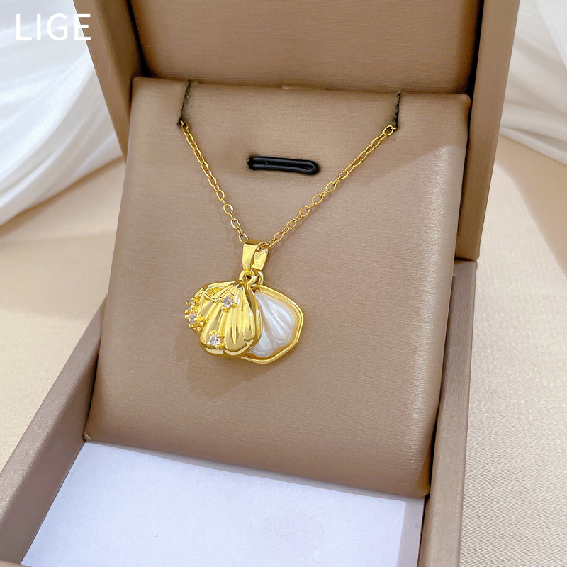 Special-shaped Pearl Shells, Light Luxury Temperament, Gorgeous Full Diamond Necklaces, Women's Versatile Collarbone Chains, Titanium Steel Chains_voghion.com