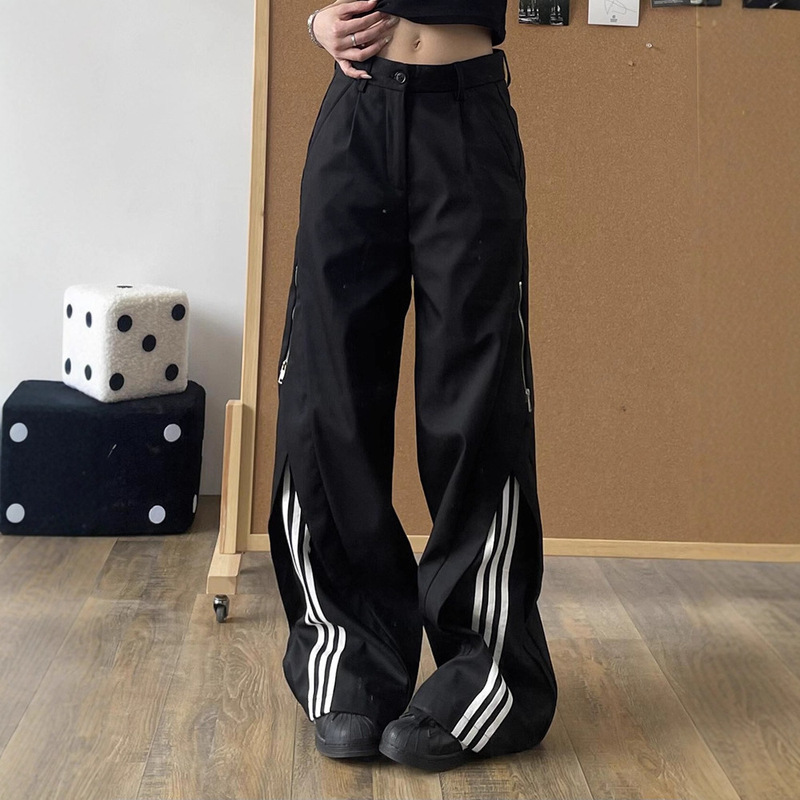 Deconstructed Zipper Three-Stripe American-Style Wide-Leg Pants Men's Drapey Dress Pants Cleanfit Sports Casual Long Pants