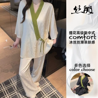 新中式系带睡衣女春秋舒适凉感V领家居服国风气质七分袖开衫套装