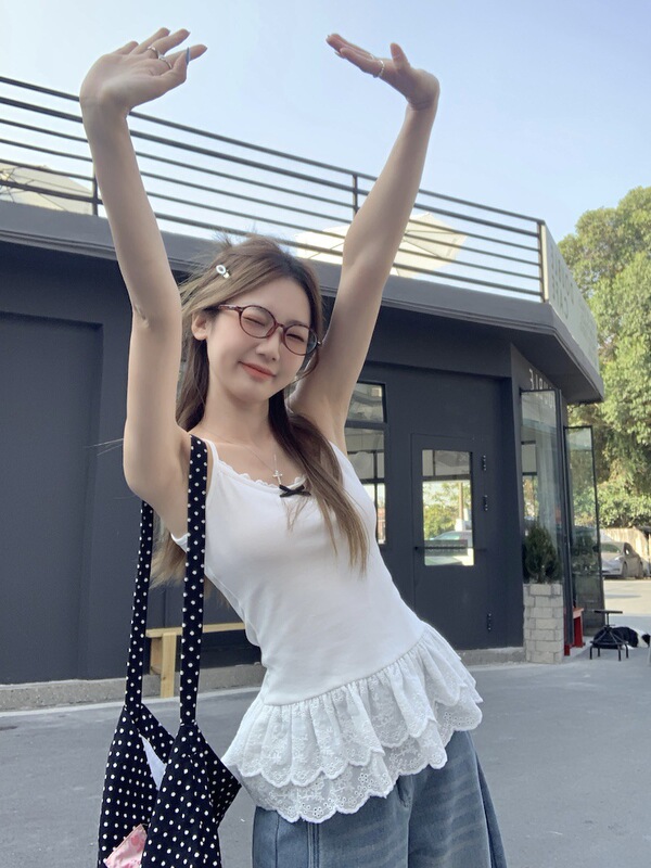Summer New Sweet Spicy Girl Bowknot Tank Top with Lace Trim for Layering and Inner Wear Trendy Top