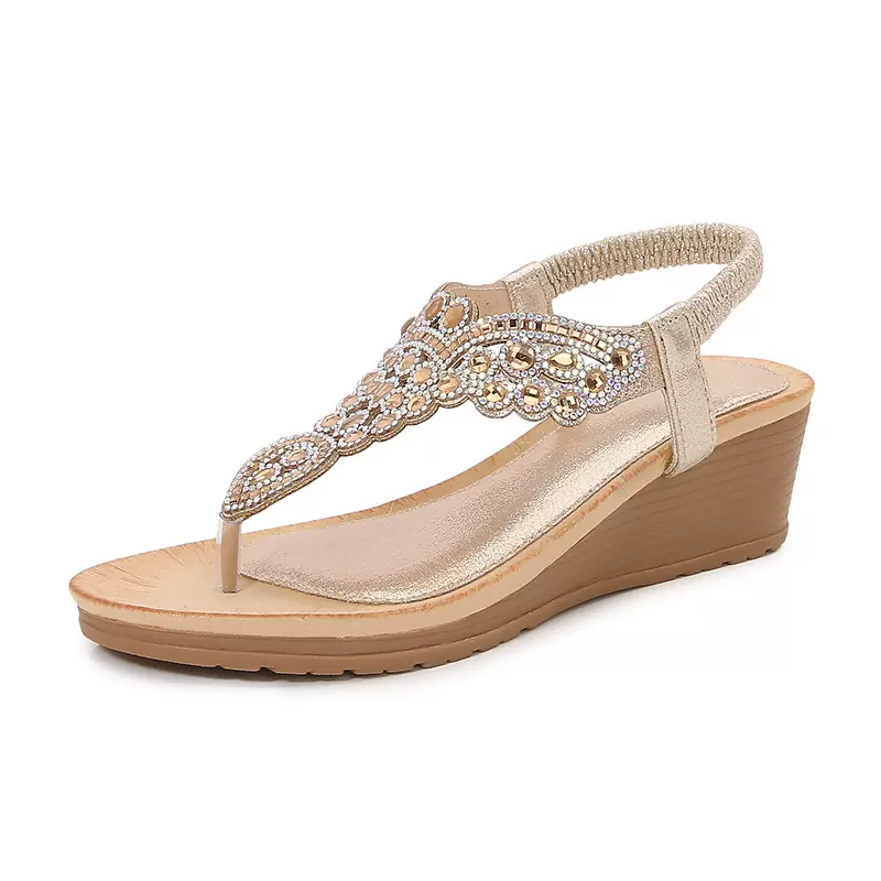 2025Ladies shoes跨境波西米亚新款时尚水钻凉鞋韩版厚底坡跟女鞋