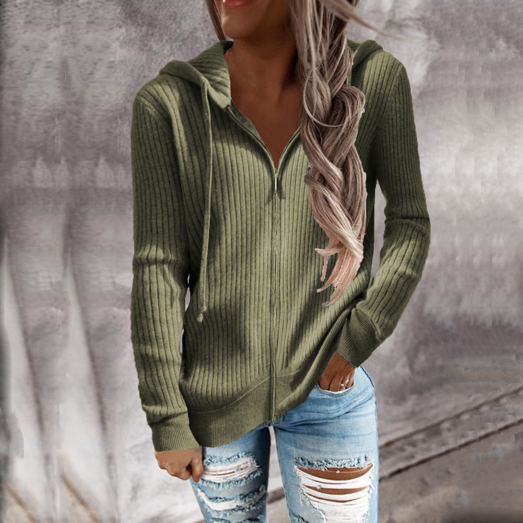 Suéter Informal Grueso de Otoño e Invierno, Estilo Europeo y Americano, Suéter Holgado de Punto, Cárdigan con Cremallera, Sudadera con Capucha de Manga Larga para Mujer