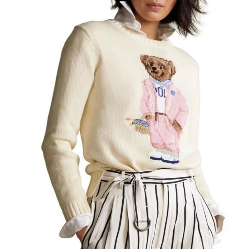 2025 New Knitted Sweater Pink Cartoon Bear Embroidered Sweater Round Neck Long Sleeve Sweater Cute Style Top for Women