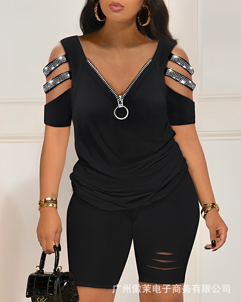 Women's Shorts Sets With Diamond Detail And Off Shoulder Top_voghion.com