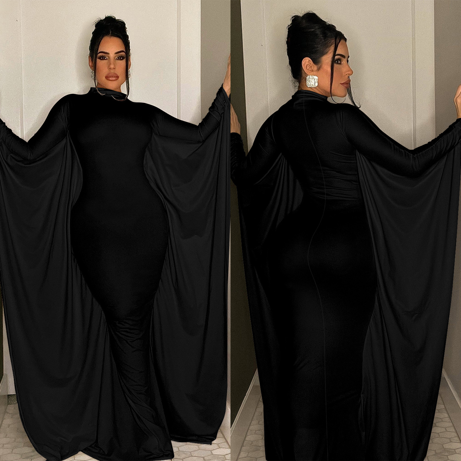 C6575 transfronteriza AliExpress Amazon moda europea y americana de las mujeres de color sólido Batwing Vestido de manga larga vestido de las mujeres