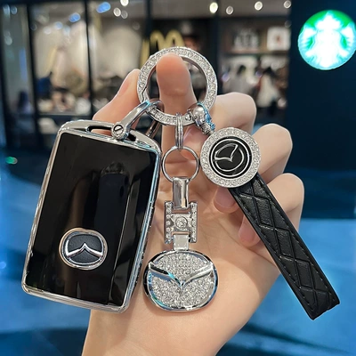 Suitable for Mazda 3 Angkesela Car Key Cover Protective Buckle Cx5/Cx-50 All-Inclusive 1.5L/2.0L Classy (Car key bag) - type-c-three-button-black-key-cover-diamond-ring-car-logo-leather-buckle-diamond-car-logo