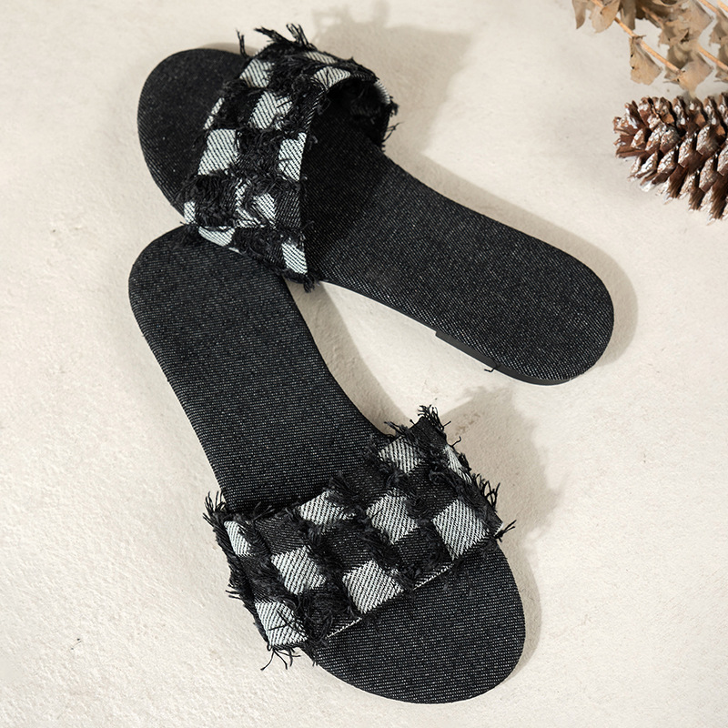 Fondo plano de gran tamaño cabeza cuadrada damas negro más fertilizante comercio exterior chanclas todo fósforo punta abierta talla grande medio soporte exterior raspador plano