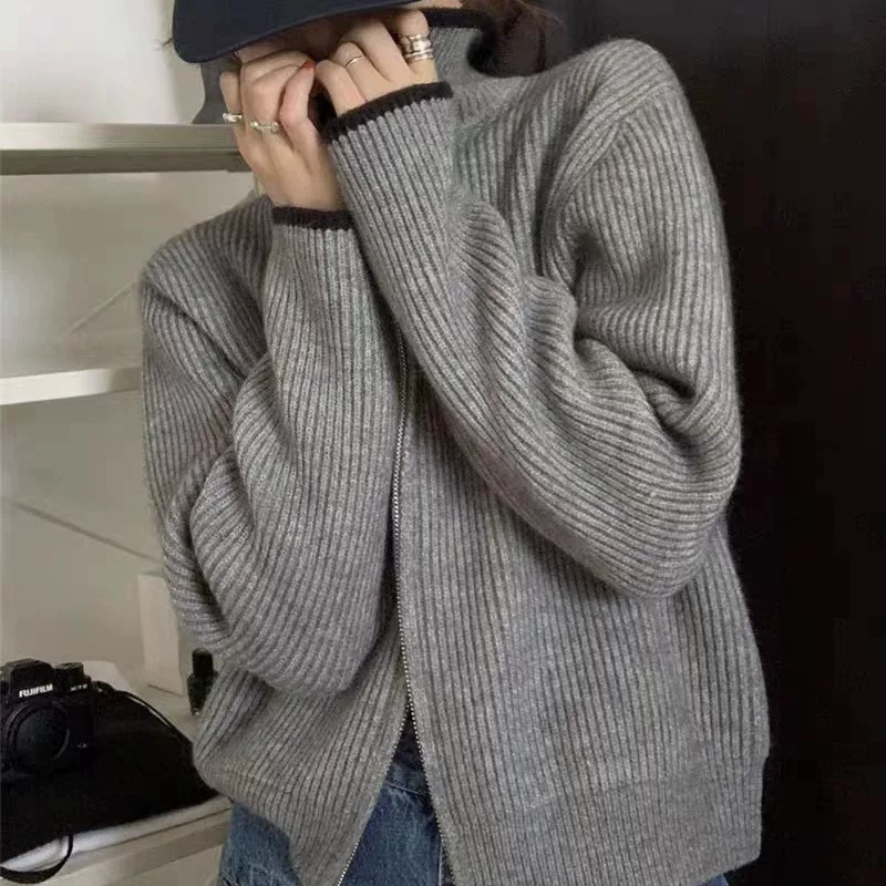 Demi-season knitted cashmere with zipper, cardigan, jacket, woolen sweater, loose fit, increased thickness
