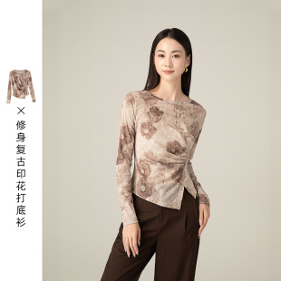 Yi Fei Digital Printing Design Long Sleeve Base Shirt Autumn 2024 New Waist Pleated Slim-fit Slim Top