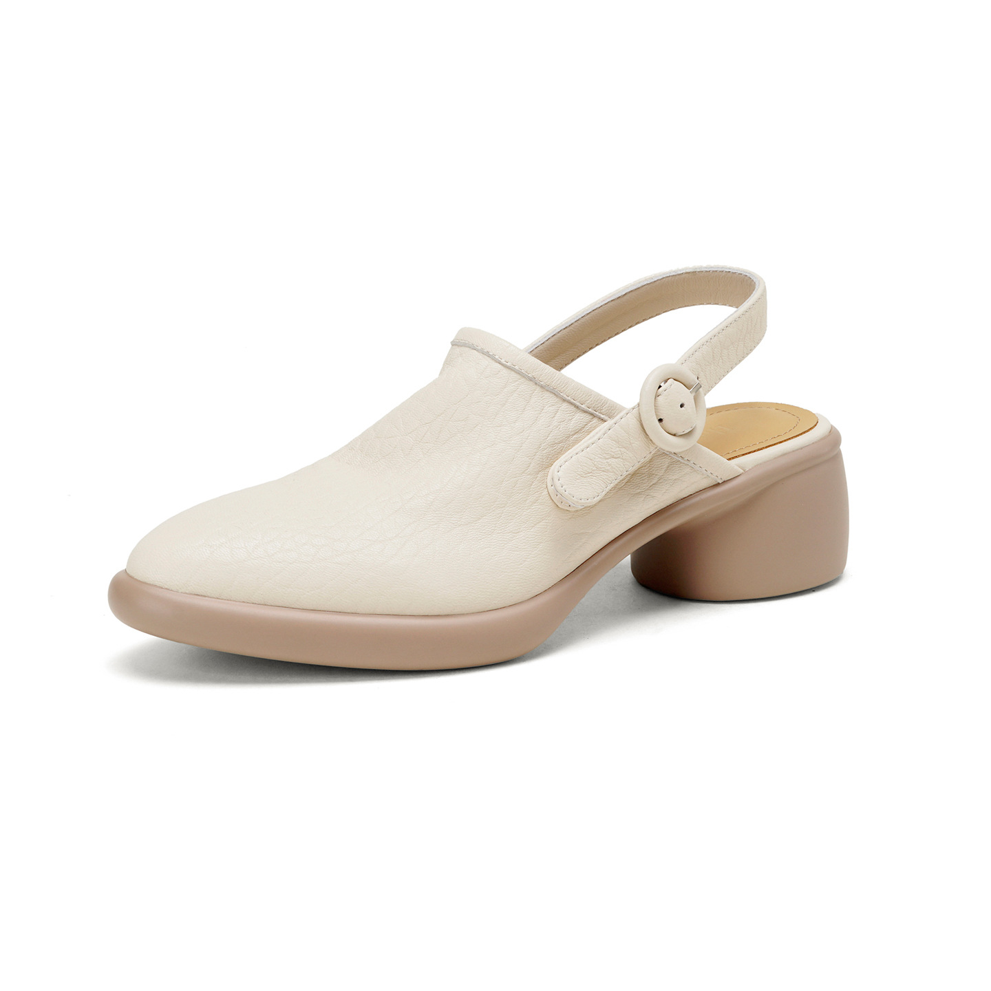 Sandal nữ da dê mũi tròn gót vuông cao 7 cm quai ngang khóa một chữ — đen