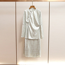 深圳南油高端女装秋冬新款新中式国风绣花上衣+A字半身裙缎面套装