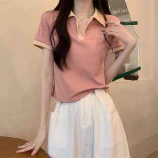 夏季新款正肩polo领上衣设计感小众短袖女T恤宽松显瘦辣妹高级感