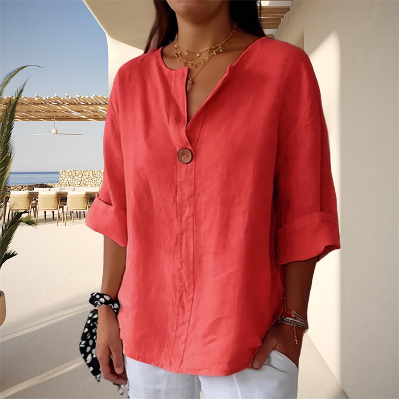 Women's Loose Fit V Neck 7/8 Sleeve Cotton Button Front Tunic Top – Casual Summer Blouse 2026_ecoleips.com