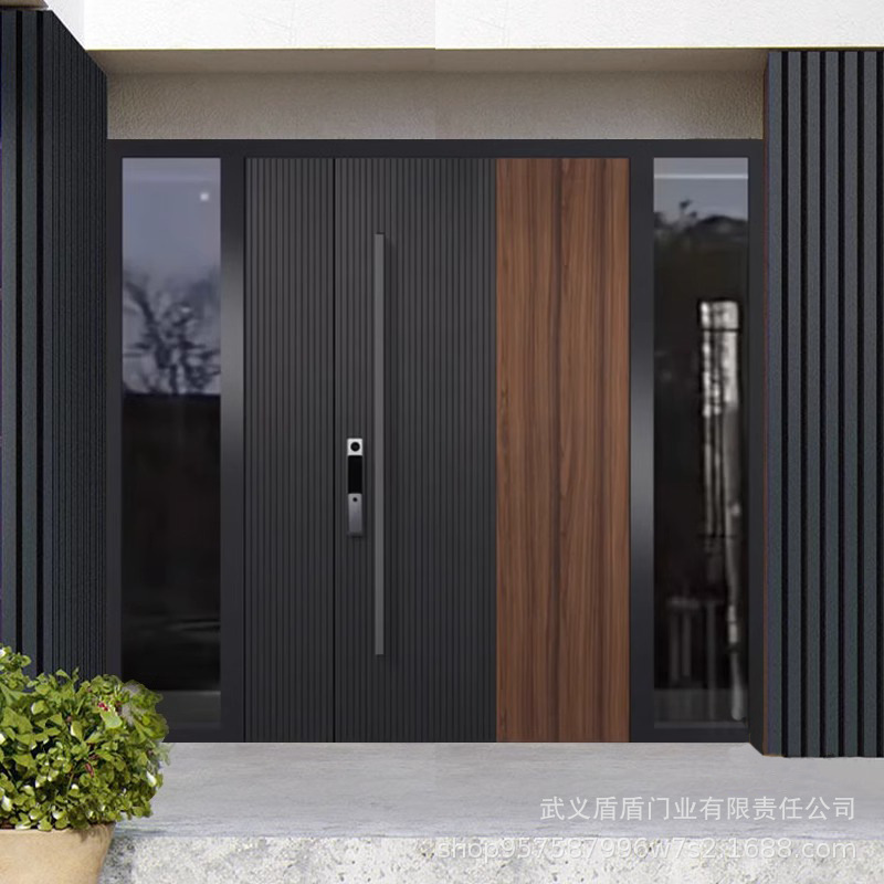 Modern Light Luxury Minimalist Glass Cast Aluminum Door, Anti-Theft Villa Entrance Door, 5D Transfer Printing Vintage Wood Grain Cast Aluminum Door Modern Light Luxury Minimalist Glass Cast Aluminum Door, Anti-Theft Villa Entrance Door, 5D Transfer Printing Vintage Wood Grain Cast Aluminum Door