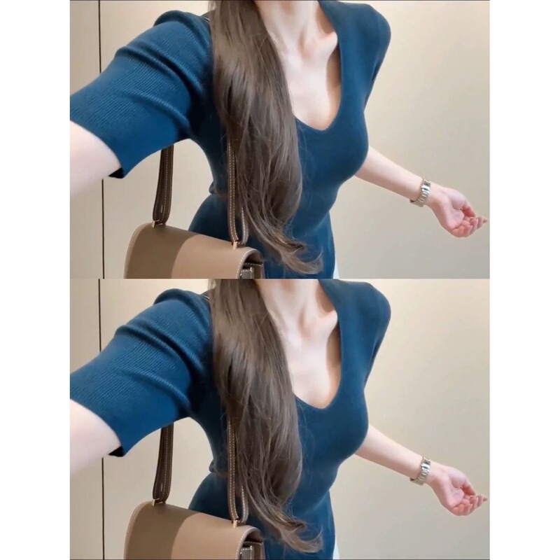 French-Style Elegant Blue Collared Knitted Short-Sleeve Shirt for Women, Summer Slim-Fit Ice Silk Top with Regular Shoulders