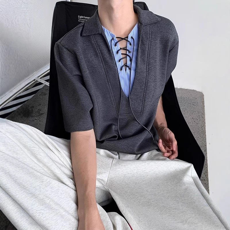 Korean Style Design Sense Stitching V-neck Fake Two-piece Polo Shirt Light Luxury Style Lace-up All-match Striped Shirt Collar Short-sleeved T-shirt Korean Style Design Sense Stitching V-neck Fake Two-piece Polo Shirt Light Luxury Style Lace-up All-match Striped Shirt Collar Short-sleeved T-shirt