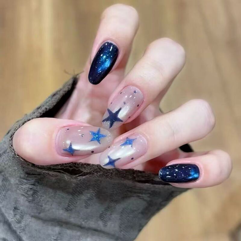 Deep blue galaxy cat-eye press-on nails with gradient effect, a new popular style, beautiful fake nail patches, direct wholesale from cross-border factory Deep blue galaxy cat-eye press-on nails with gradient effect, a new popular style, beautiful fake nail patches, direct wholesale from cross-border factory