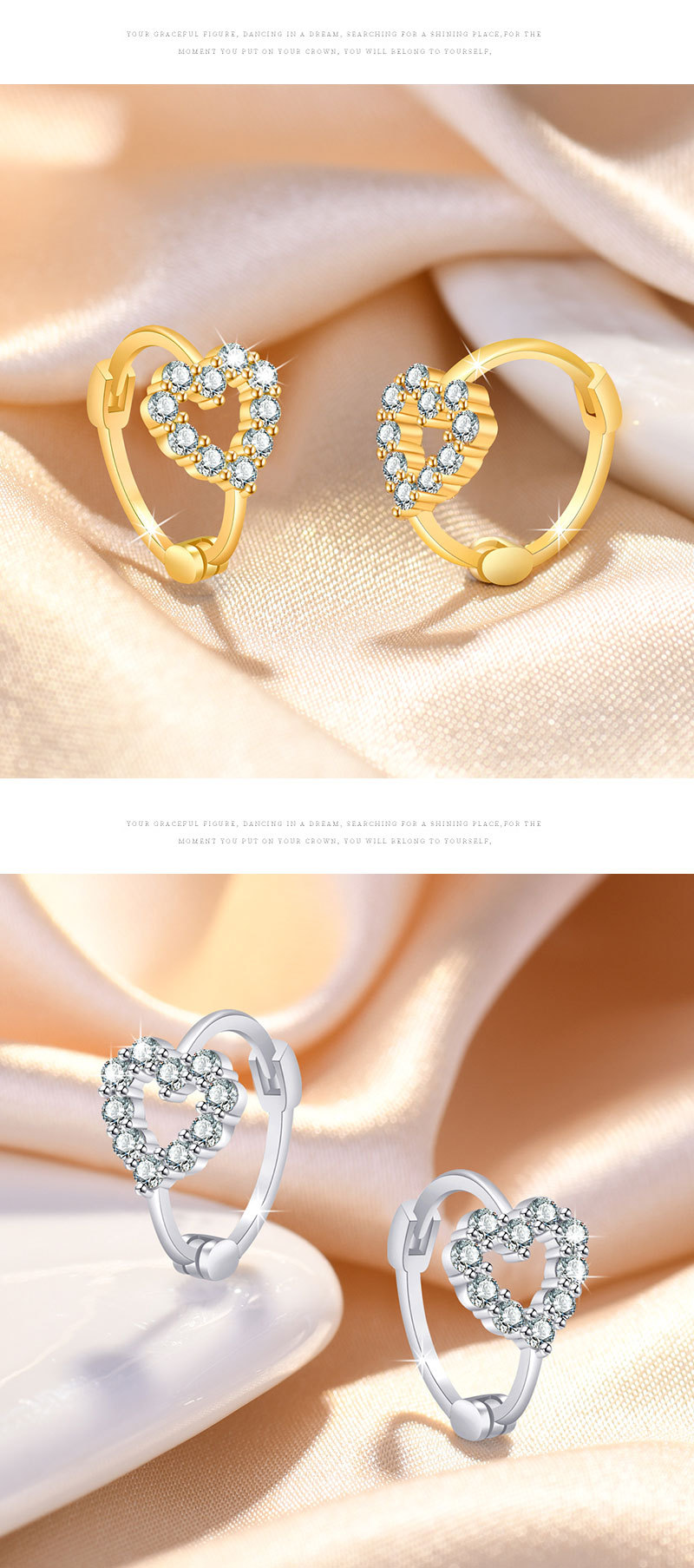 Simple Style Heart Shape Copper Gold Plated Rhinestones Earrings 1 Pair