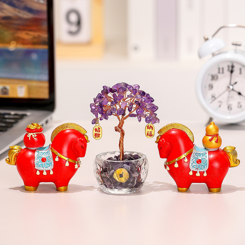 国潮马摆件天然黄紫水晶发财树摇钱树办公室工位装饰品创意小礼品