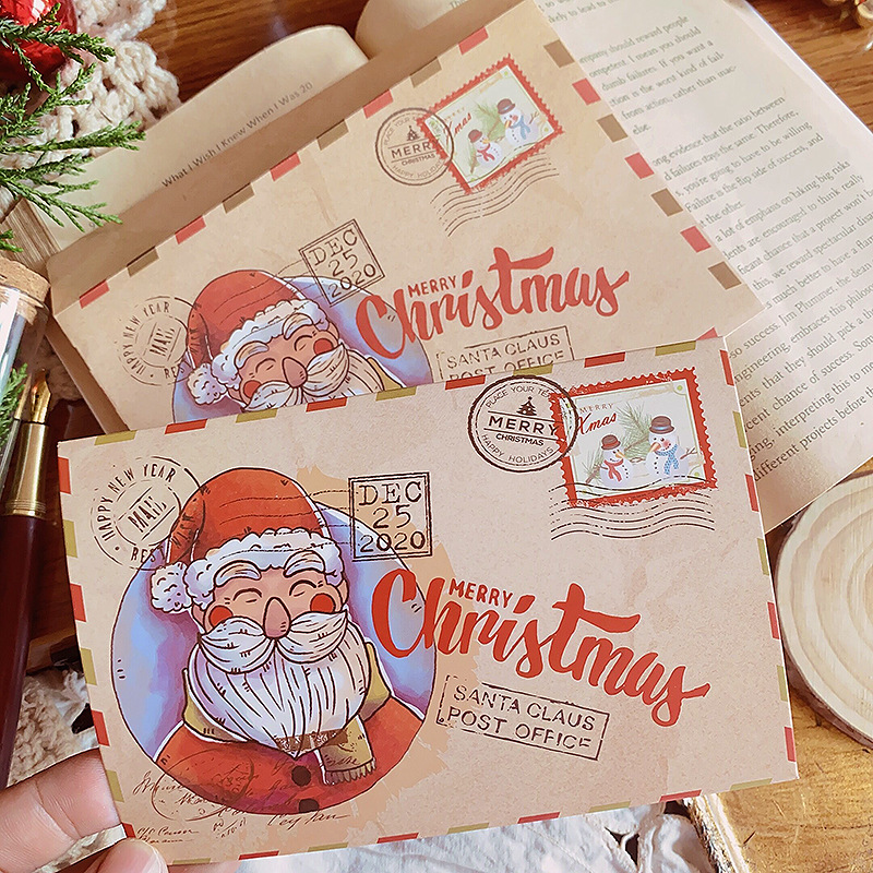 レトロ牛革クリスマスグリーティングカードクリスマスギフトカードかわいい漫画折り返しカード祝福メッセージカード封筒付き|undefined