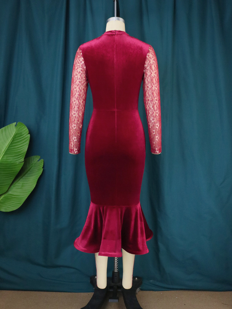 Women's Clothing lace stitching cross border plus size dress elegant high waist evening dress fishtail skirt dresses_voghion.com