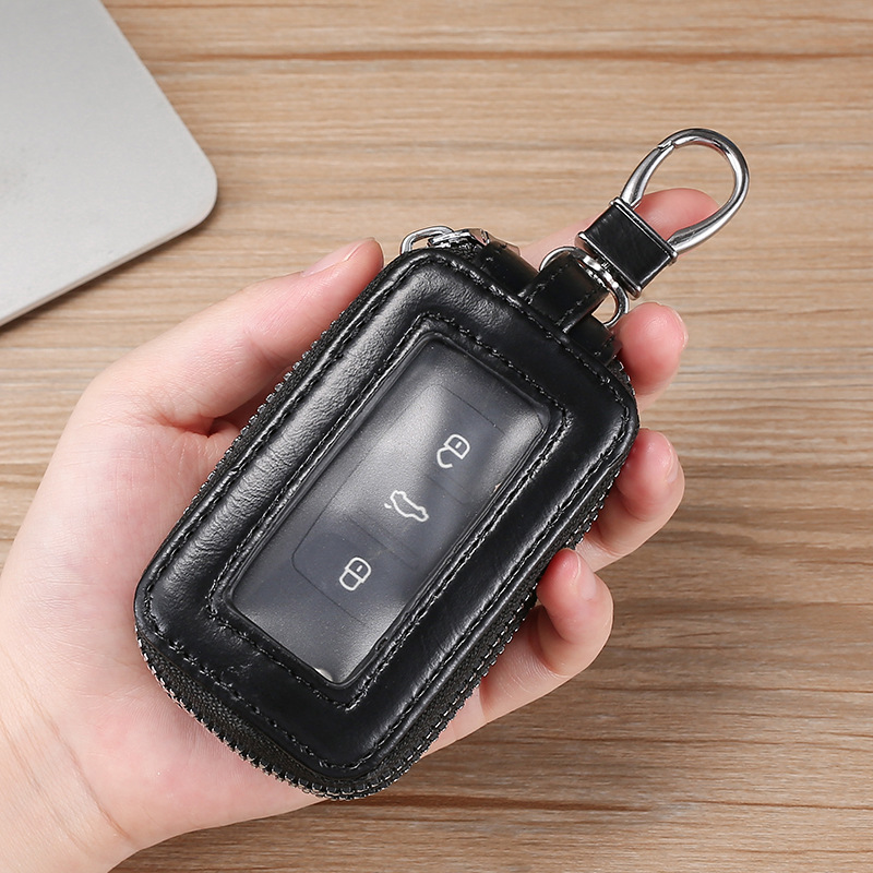 Mirror Window Style Unisex Car Remote Control Zipper Leather Key Case, Exquisite Retro Universal Key Holder, Portable for Car Use