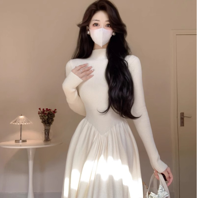 Apricot Long-Sleeved Bottoming Half-High Collar Knitted Dress for Women in Autumn and Winter, Slim-Fitting High-Waisted A-Line Sweater Long Skirt