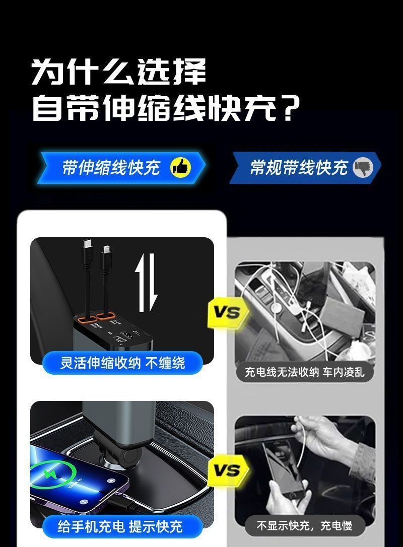 Digital Display Car Charger Retractable Cable PD Fast Charging